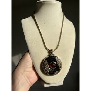 Chico's Pendant Necklace Antique Gold Tone Swirl Disc Red Glass Medallion 20”